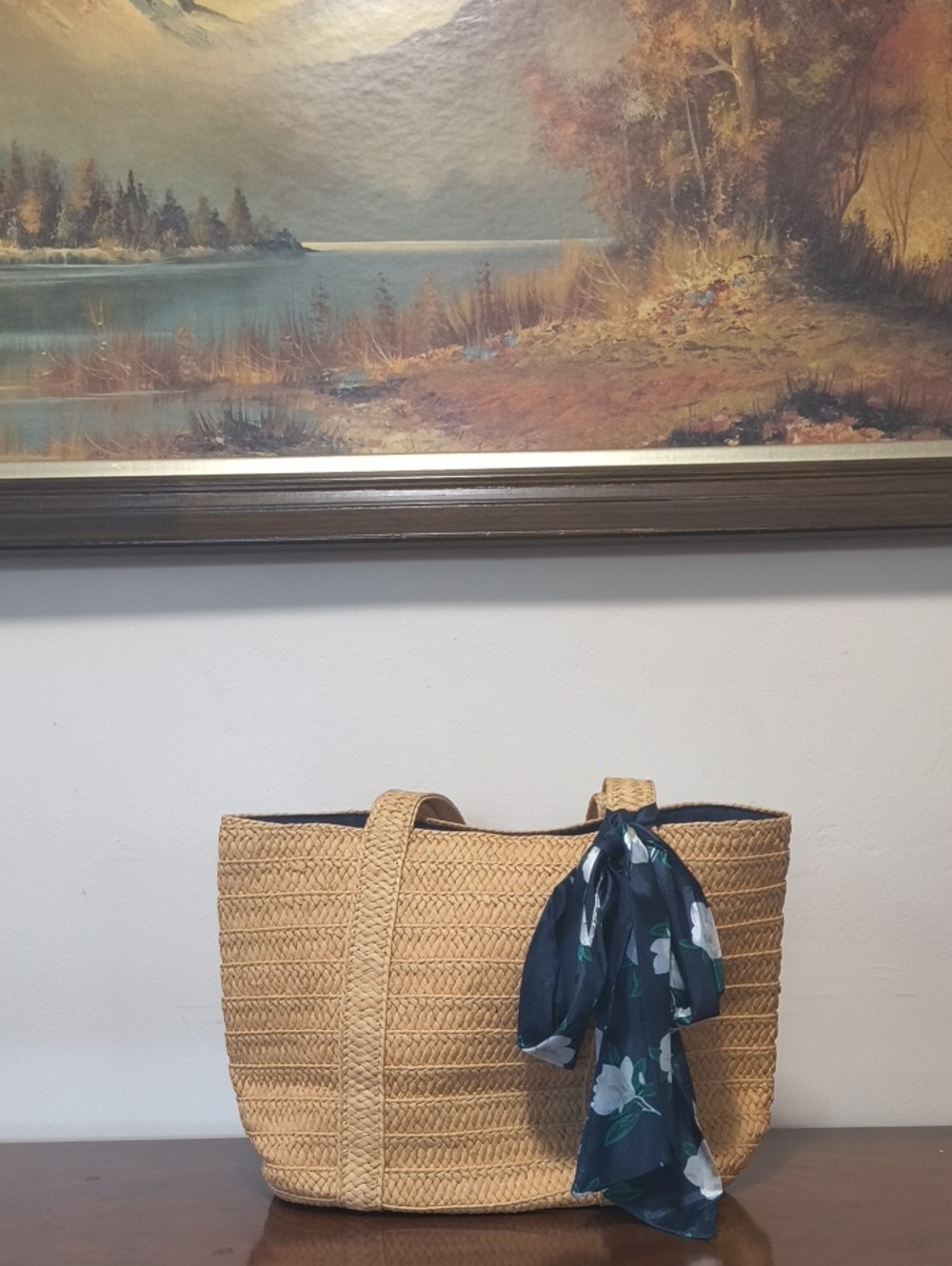 Draper James Natural Straw Tote with Navy Floral Scarf